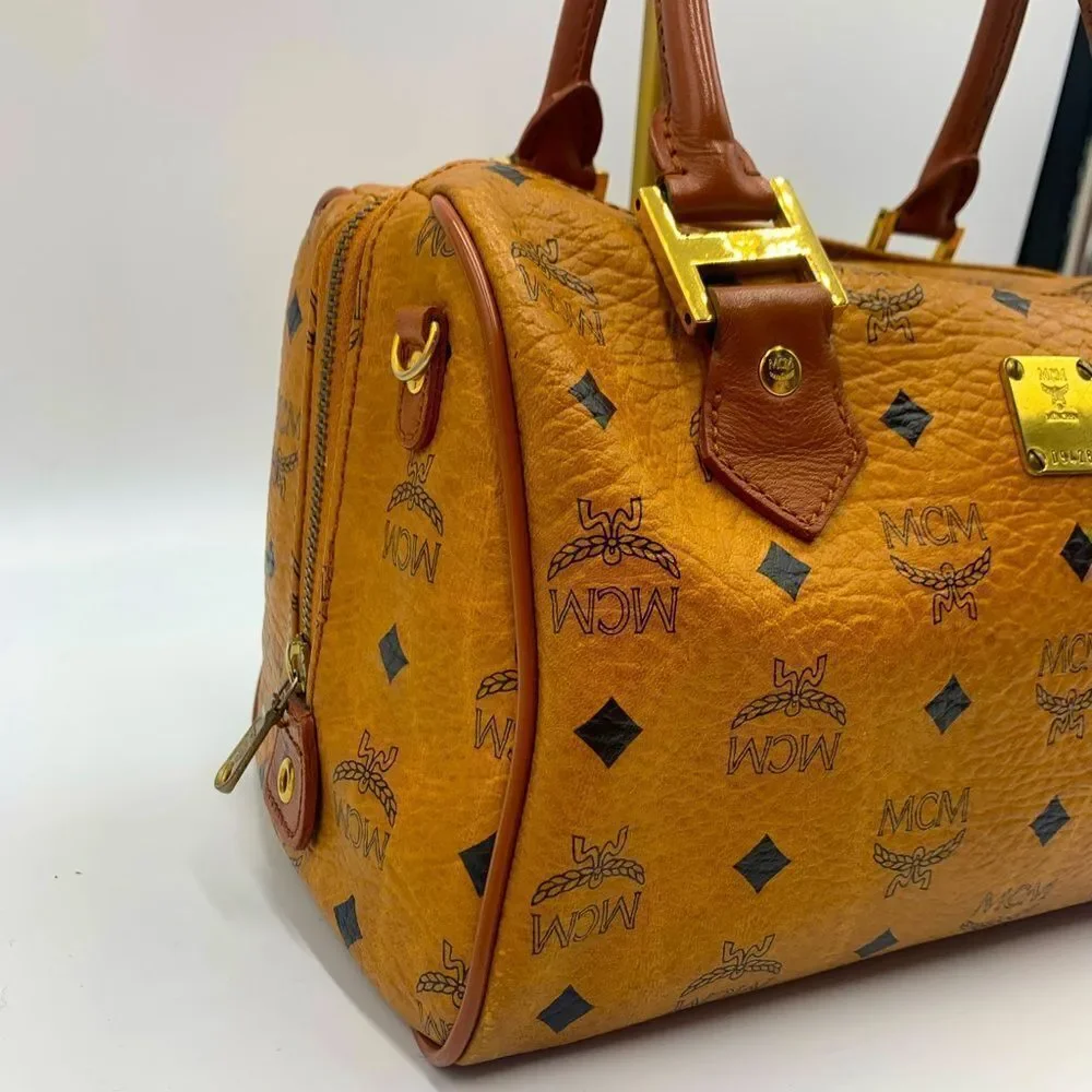 Auth MCM Visetos Cognac Brown Coated Canvas Leather Boston Tote Handbag Preloved